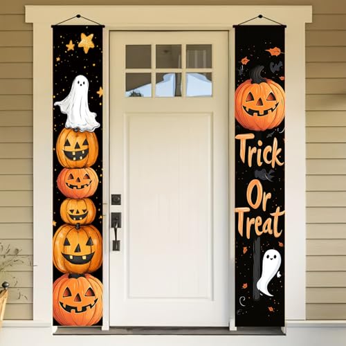 BlissYard Halloween Porch Banner 12x71 Inch Trick or Treat Door Sign Jack O Lantern Pumpkin Outdoor Hanging Decoration Happy Halloween Vertical Yard Flag for Home Party Entryway