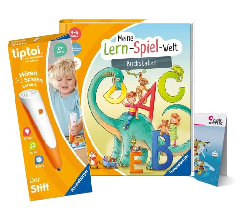 tiptoi Ravensburger Set: Meine Lern-Spiel-Welt - Buchstaben (Kinderbuch) + 00110 Stift + Kinder-Weltkarte, Lernspielzeug für Kinder