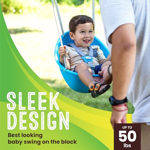 Image of Swurfer Coconut - Your Child's First Swing with Blister Free Rope and 3-Point Safety Harness - Indoor and Outdoor - Swing for Babies and Toddlers - Ages 9 + Months - Up to 50 lbs, Blue