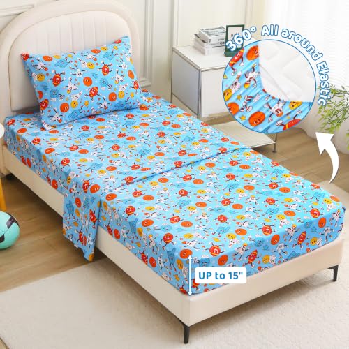 Image of Viviland 3 Pieces Boys Ball Sport Twin Sheet Set - Soft Microfiber Fitted Flat Sheets & Pillowcase Bed Sheet Set - Blue Ball Print Bedding Sets for Kids