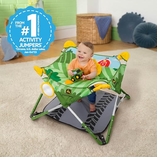 Image of Bright Starts John Deere Pop 'N Jump Portable Baby Jumper, Foldable Indoor /Outdoor Baby Jumper with Sensory Activities, Ages 6-12 Months