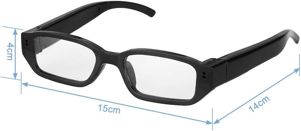 Dimensions of the Excelvan HD 720P 5MP Video Recorder Eyewear, showing a width of 15cm, arm length of 14cm, and lens height of 4cm.