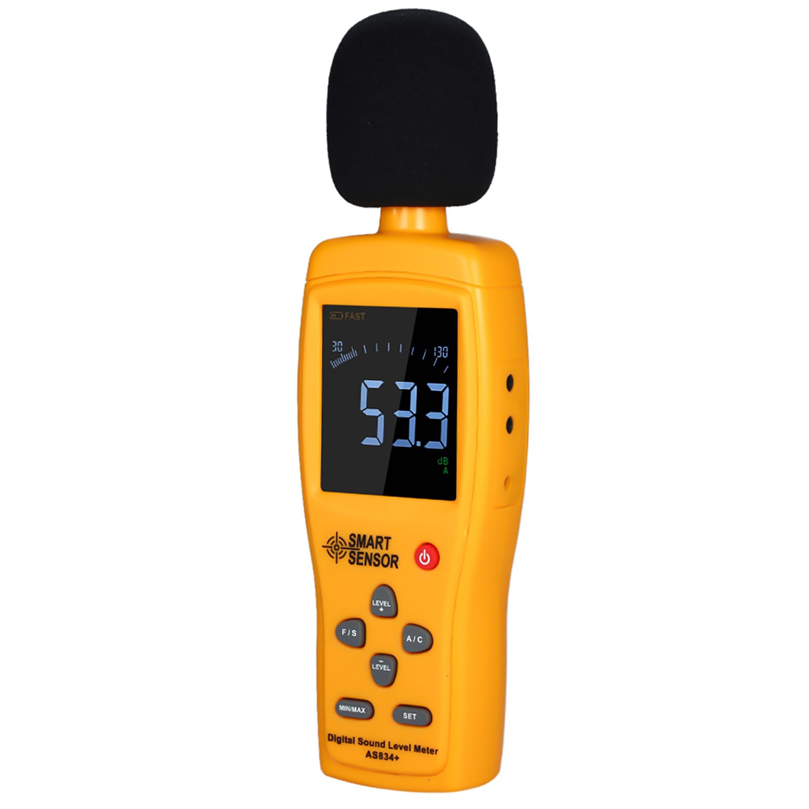Sonómetro digital e instrumento de medición del volumen de ruido - Rango de 30 a 130 dB - Resolución de 0,1 dB con precisión de 1,5 dB - Ponderación A y C - Pantalla LCD de 2,7