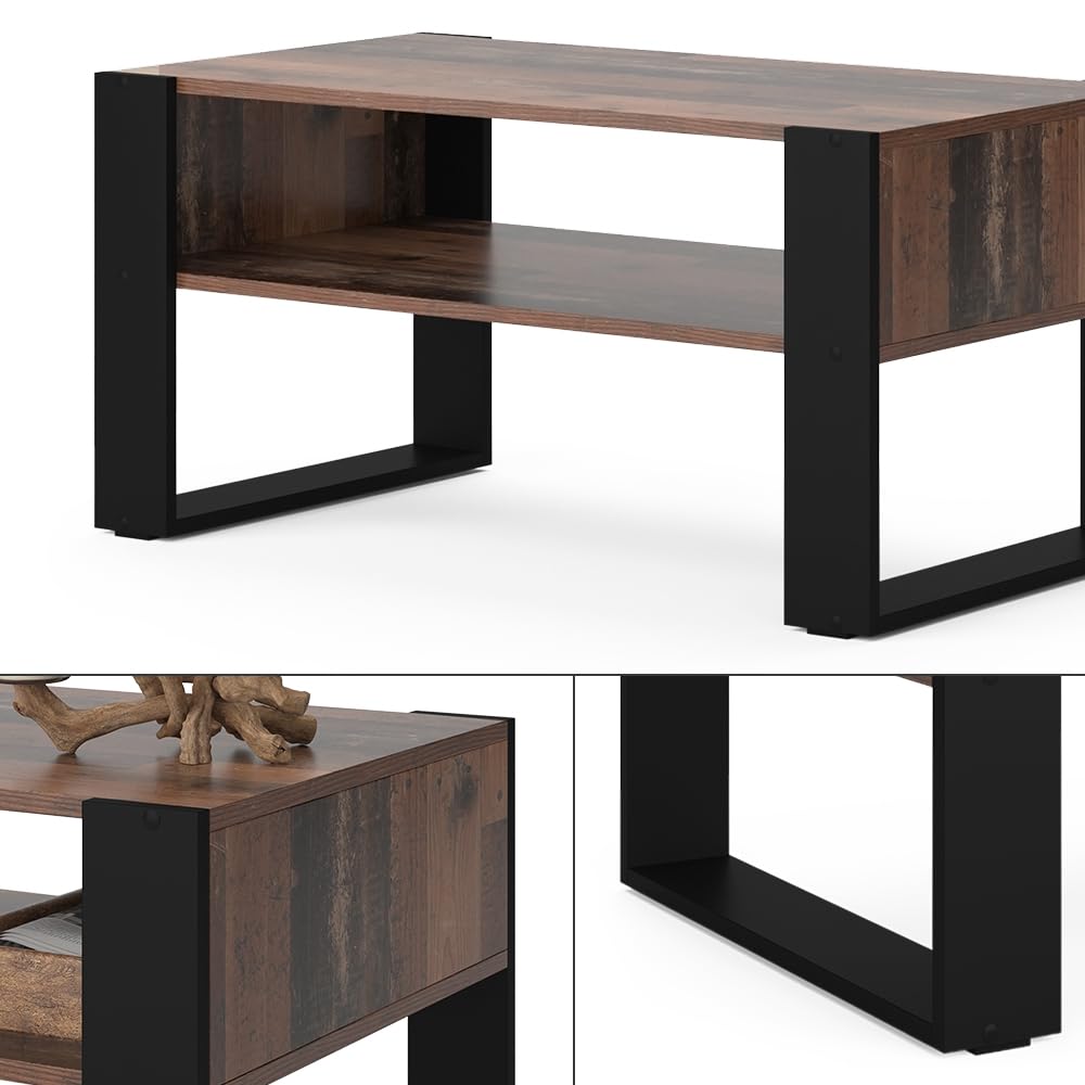 Vicco Mesa de Centro Olli, Madera Antigua, 92 x 52.4 cm | con estante, para guardar revistas y controles remotos