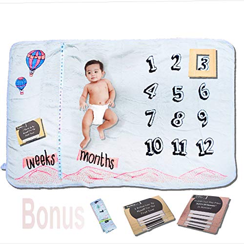 Large Premium Minky Fleece Monthly Milestone Blanket Baby- Infant Photography Prop for Boys & Girls - Unique Shower Gift - Baby & Mommy Milestone Cards + Tape Measure Prop Bonus - Milestone Mountain