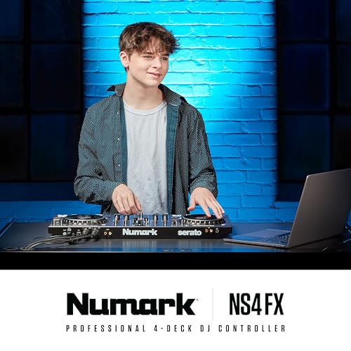 Numark NS4FX 4-Kanałowy DJ Kontroler, Dotykowe Koła Jog z Wyświetlaczem, Pady i Efekty, Wyjście Booth i Główne, w Komplecie Serato DJ Lite