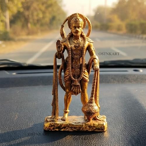 Image of Hanuman Ji Murti - Lord of Sarangpur Gold Idol (7 x 12 cm) - Polyresin Statue for Car Dashboard, Temple, Home & Office Decor - Spiritual Gift for Birthday, Diwali, Housewarming