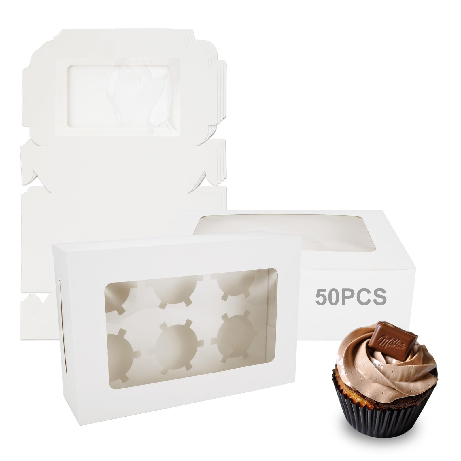 SHUESS 50 Pack Cupcake Boxes - 6 Hole Cupcake Box - White Cupcake Box with Clear Window - 24 x 16 x 7.5 cm Cup Cake Boxes with Removable Inserts, Ideal for Cakes, Cupcakes, Pastries, and Doughnuts