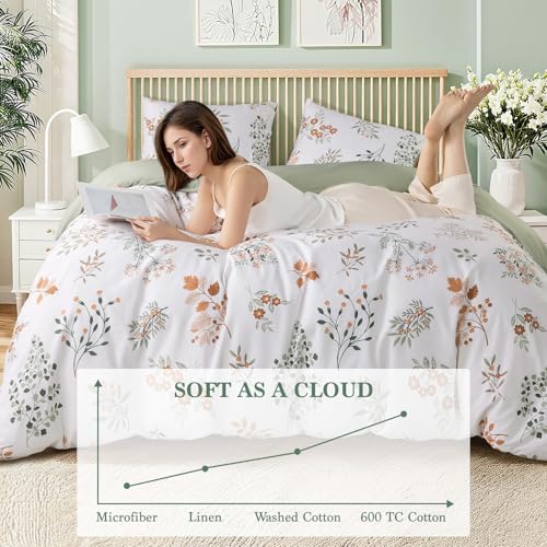 Shilucheng 100% Cotton Floral Duvet Cover King Size - 600 Thread Count, Breathable & Cooling Comforter Cover with Zipper Closure,Hotel Bedding Duvet Covers 3 Piece (Qinyuan Spring & Green)