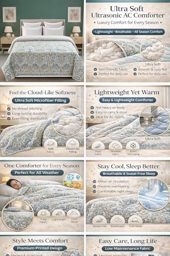 Image of Home Stylish Luxury Ultrasonic Punch AC Comforter Blanket - Quilted Microfiber Floral Pattern, Lightweight Breathable Hypoallergenic All‑Season Blanket for Bedroom, (228x228 Cm) White & Royal Grey