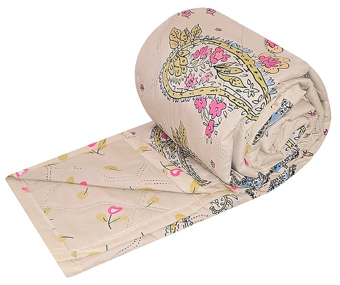 Image of Summer Blanket 100% Cotton Reversible Ac Comforter and Cooling Classic Printed Design Quilt | Dohar Single Bed Or Double Bed Quilt Ideal for Gifting (Design Curry Flower, Single Bed)