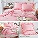 Pink Ruffled Comforter Set Twin Size, 3 Pieces (1 Ruffled Comforter and 2 Pillowcases) Farmhouse Shabby Chic Style with 2 Layers Ruffle, Solid Color Lightweight Soft Fluffy Bedding Sets for Girls