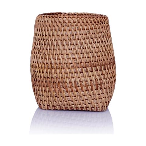 AMOLOLO Handmade Vine Desk Organizer Pen Container Box Tea Caddy Makeup Brushes Holder Stand (Top Round and Bottom Cube) Cover