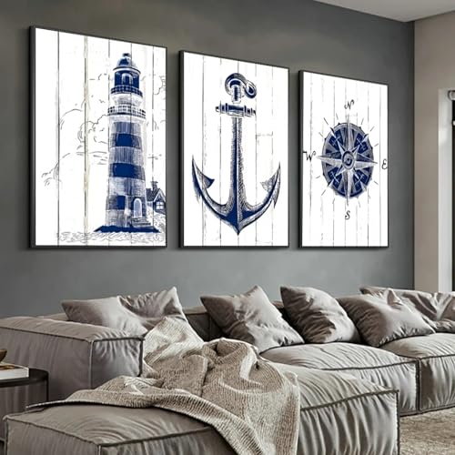Toile vintage océan pour habiller un grand mur vide peinture nautique 3 pièces