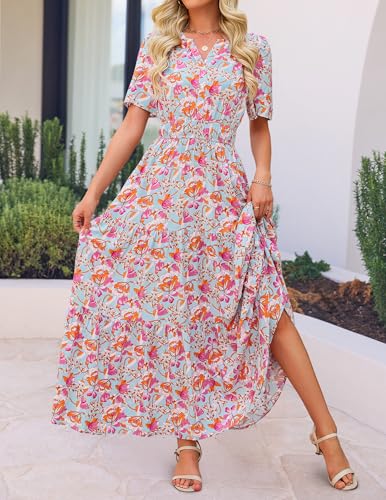 Image of ZESICA Women's 2026 Summer Spring Floral Boho Maxi Dresses Casual Short Sleeve V Neck A Line Flowy Beach Vacation Dress