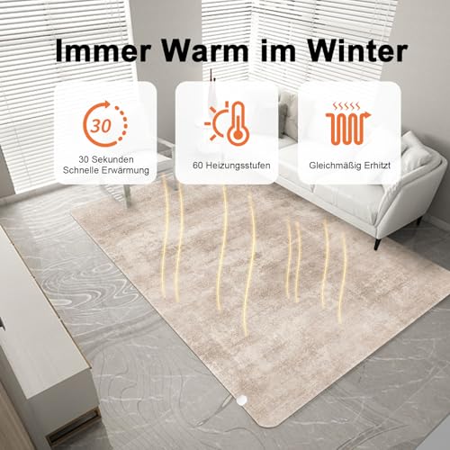 NujorWarm Graphen Elektrischer Heizteppich Weicher Plüsch Beheizbare Teppich Beheizter Fußmatte für Büro Raumheizung Bodenheizung Matte mit Timer Schnelle Heizung Heated Rug 220V 195 * 290cm WS