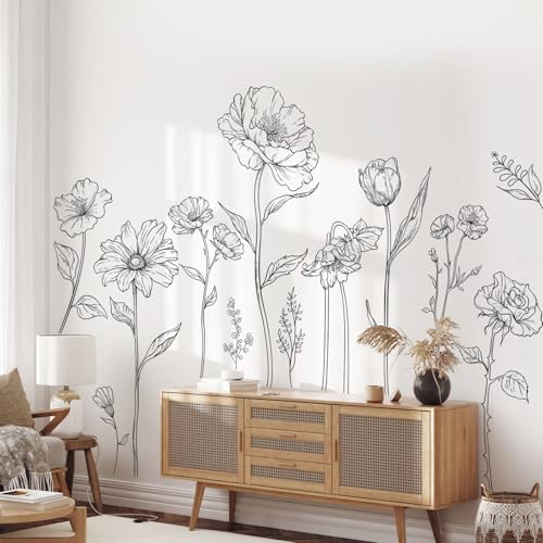Forrest Gump Rear Wiper Decal Large Black Boho Flower Wall Decals, 3 Sheets Simple Sketch Floral Wall Stickers Peony Wildflower...