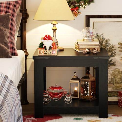 Homieasy Black End Table, 20x20 Inch Square Side Table for Living Room, Large Wood Accent Table with Storage Shelf, Modern Farmhouse Nightstand Bedside Table, Black by Homieasy - Image 4