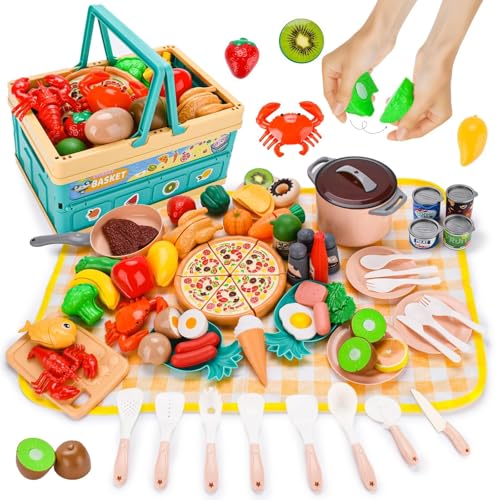 WUSUPU Cozinha brinquedo com comida brinquedo, acessórios cozinha brinquedos, jogo de roleplay cozinha infantil com comida brinquedo talheres cesta piquenique crianças, cozinha infantil brinquedo