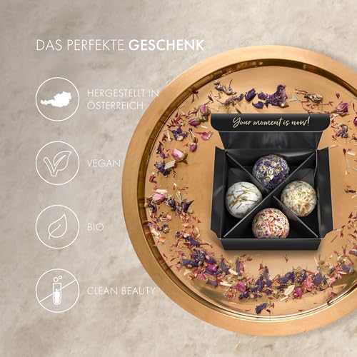 Satin Naturel 4 Luxuriöse BIO Badebomben Vegan – Für den Valentinstag – Wellness Geschenke für Frauen – Luxuriöse Badekugeln – Geschenkideen für Freundin & Ehefrau – Premium Edition