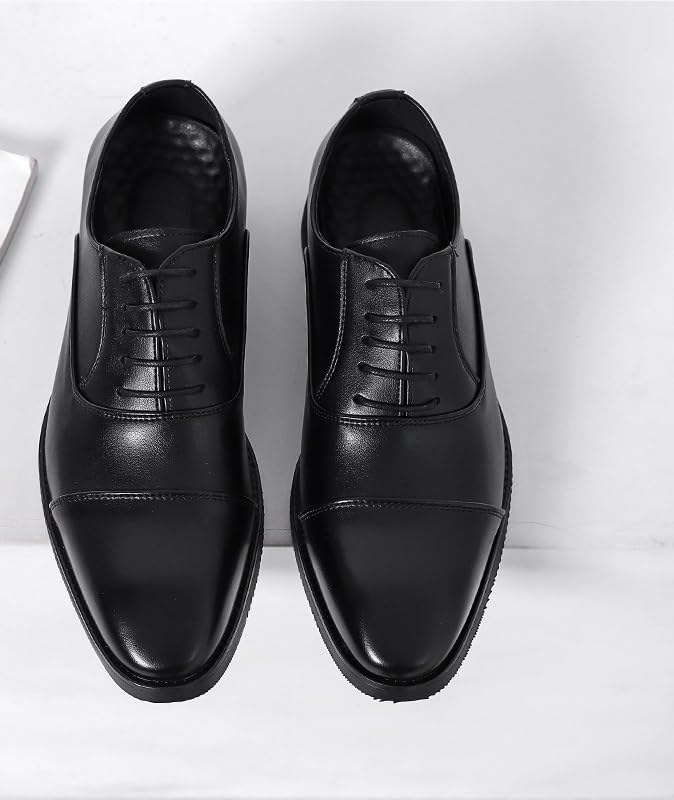 Oxford Formal Shoes for Men Lace Up Pointed Burnished Toe Vegan Leather Cap Toe Oxford Shoes Rubber Sole Non Slip Low Top Block Heel Slip Resistant(Black,8)2