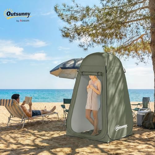 Outsunny Pop Up Shower Tent, Portable Camping Hiking Toilet Privacy Shelter with Mesh Windows, Zipper Door, and Carrying Bag for Outdoor Changing, Dressing Fishing, Bathing, Green