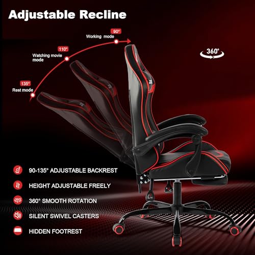 Image of Ergonomic Gaming Chair for Adults, Reclining Computer Office Desk Chair with Footrest, Pocket Spring Cushion,Linkage Armrests, Lumbar Support & Headrest, Heavy-Duty Enlarged Metal Base,Red