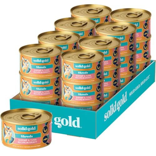 Image of Solid Gold Wet Cat Food Shreds in Gravy - Healthy Canned Cat Food Made w /Real Tuna, Shrimp, Vitamins, Minerals & Taurine - Grain Free & Gluten Free Canned Meals for Cats & Kittens - 24ct /3oz Can
