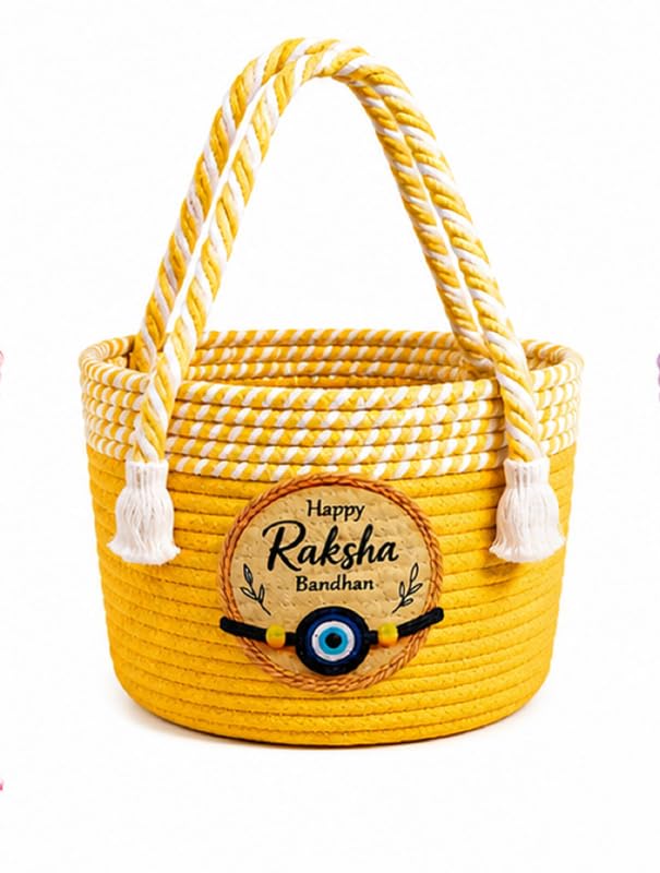 Image of BROOM Raksha Bandhan Gift Hamper Basket | Handmade Cotton Rope Storage Basket with Handle | Decorative Organizer for Chocolates, Dry Fruits, Return Gifts, Home Decor & Festive Celebration (Yellow)