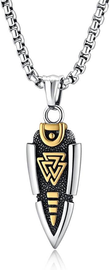 Viking Odin's Spear Valknut Gungnir Stainless Steel Necklace, Norse Mythology Pagan Men's Pendant, 24” Rolo Chain Men's Nordic Style Jewelry