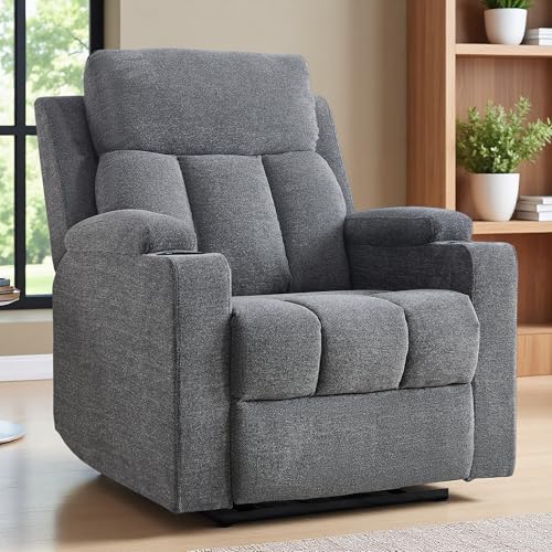EBELLO Fernsehsessel mit Liegefunktion, Relaxsessel Manuell Verstellbar,TV-Sessel mit Getränkehalter und Weiche Kopfstütze, Schlafsessel mit Armlehnen und Fußstütze für Wohnzimmer, Dunkelgrau
