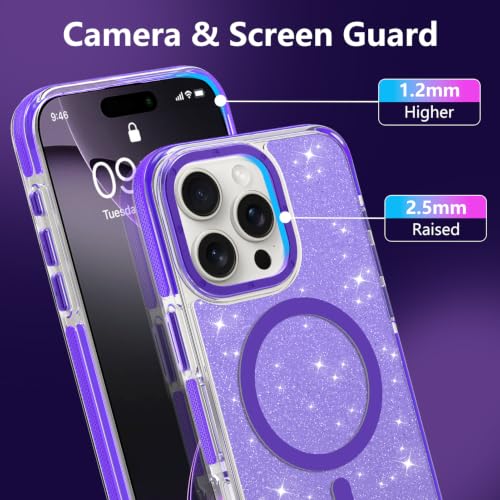 Image of Magnetic Case for iPhone 16 Pro Max [Compatible with Magsafe] [Bling Glitter Fluorescent Design] [1 Screen Protector] Slim Translucent Matte Case for iPhone 16 Pro Max 6.9 inch 2024, Purple