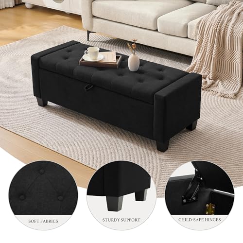 Image of Huatean Home 43 inch Ottoman with Storage, Black Storage Ottoman Bench with Safety Hinge, Upholstered Entryway Bench with Seating for Bedroom, Living Room, Holds up to 330 lb