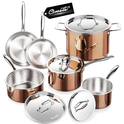 Comparison: Best Copper Cooking Pan Set 9 Ciwete Whole Tri-ply 18/10 Stainless Steel Pot and Pan Set (10 Piece), Copper Pots and Pans Set with Stainless Steel Lid, Induction Cookware Set, Include Stock Pot, Saucepan, Frying Pan - Copper