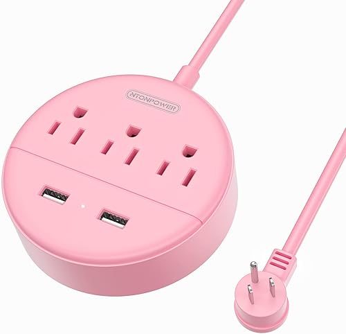 NTONPOWER - Tira de alimentación rosa rosa con USB, cable de extensión de enchufe plano Nightst y estación de carga de escritorio con 3 salidas y 2