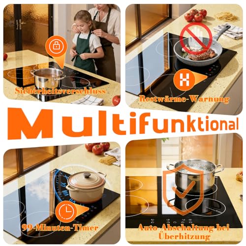 Karinear Kochfeld 4 Platten 6000W, Glaskeramikkochfeld 60cm Autark Einbau, Touch-Steuerung, Herdplatte 4 Kochfelder mit Timer, Sicherheitsverriegelung, Restwärmeanzeige, 240V, Kein Stecker