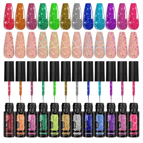 Shitafe Esmalte de Gel con Purpurina,12 Colores Delineador De Uñas | Efecto Reflectante Para Uñas Uso En Casa Salón Fiestas Verano