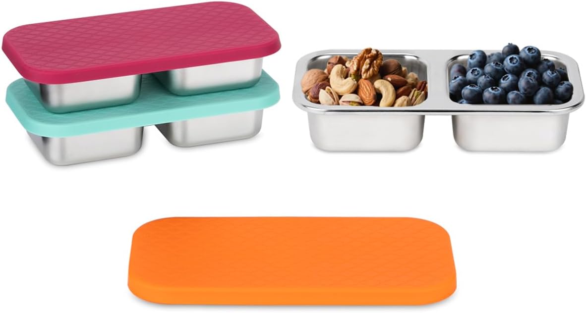 3 Pack Stainless Steel Snack Containers with Lids, 2 Compartment Snack Pack Containers, Reusable Food Storage Containers for Travel, Outdoor, Camping(Orange/Red/Blue) - Thumbnail 4