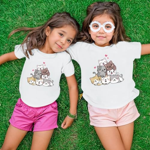 Image of KEEVICI Cute Cartoon Cat Shirts for Girls Kids Graphic Tees Kawaii Animal Pattern T Shirt Cotton Crewneck Summer Loose Tops