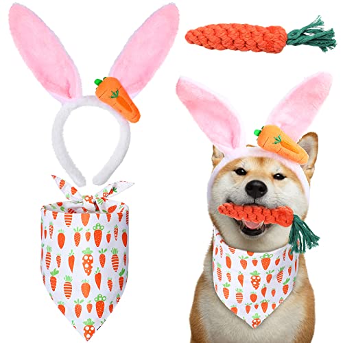 Janinka 3 Pieces Easter Dog Costumes Including Easter Bunny Ears Headband Headwear Dog Bandana Triangle Bibs Pet Carrots Puppy Teething Chew for Small Medium Large Dog Party Costume Accessory