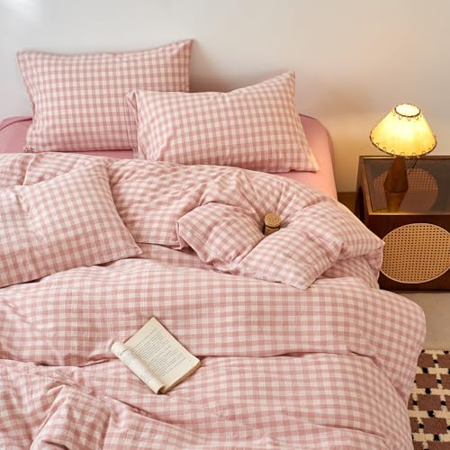 Image of EAVD Vintage Style Gingham Plaid Duvet Cover Twin Pink White Soft 100% Washed Cotton Chic Warm Checkered Bedding Set with 2 Pillowcases Farmhouse Grid Gingham Duvet Cover with Zipper Closure