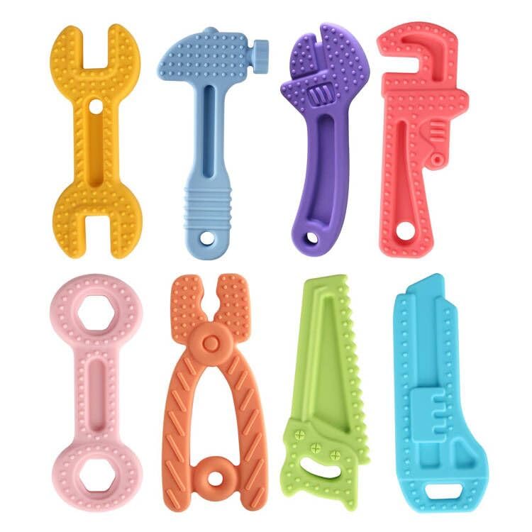 Image of Yinghezu 8 Pack Chew Baby Teething Toys for 0-12 Months, Freezable BPA Free Silicone Baby Molar Teether Chew Toys, Hammer Wrench Spanner Pliers Hand Saw Shape Baby Girl's Boy Car Seat Toy