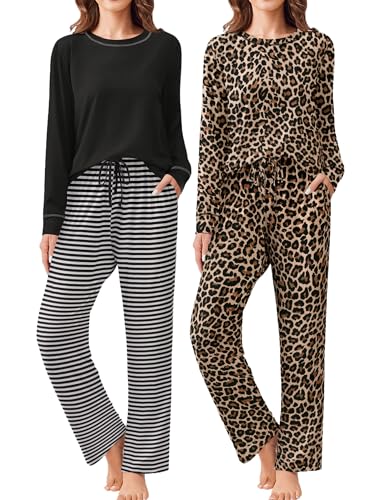 Ekouaer 2 Pack Women Pajama Long Sleeve Sleepwear Soft Loungewear Pjs Sets with Pockets S-XXL Black Striped/Leopard Large
