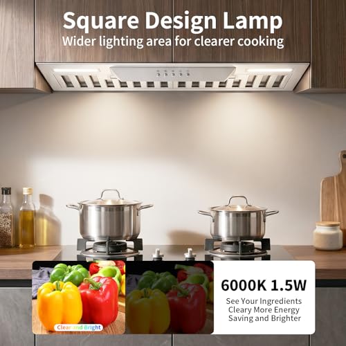 Image of Range Hood Insert 30 Inch, Built-in 900 CFM Kitchen Hood | Stainless Steel Vent Hood, Ducted /Ductless Convertible, 40 Elevated Screen & Square LED Lights