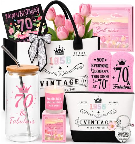 70th Birthday Gifts for Women,Unique 70 Years Old Birthday Include Galss Tumbler with Straw Gifts for Wife Aunt Sister Friends Her,Fashion 1956 Handbag Cosmetic Bag Socks Candle Born in 1956 Card by OLOSONG - Used condition - US$16.83