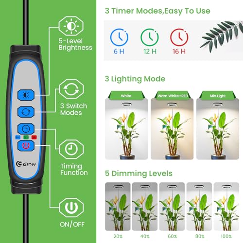 Image of Aokrean 6.3in Grow Light, 80LED Full Spectrum Plant Light for Indoor Growing, Height Adjustable 10 inch-65 inch, Auto Timer 6 /12 /16H, 3 Optional Spectrums, Idea for Large Plant, 5V, Black, 2 Pack