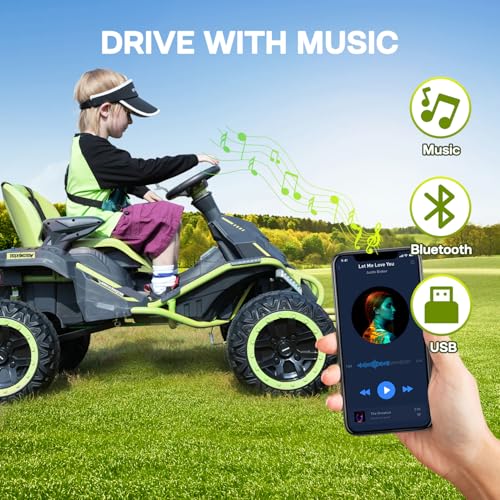 24V Ride on Toy for Big Children, Kids\' Electric Vehicles Outdoor Race Toy with 4 Strong Motors Total 300W Bluetooth Speaker and 24V 7AH Big Battery, Adjustable Seat, Electric Cars (Green)