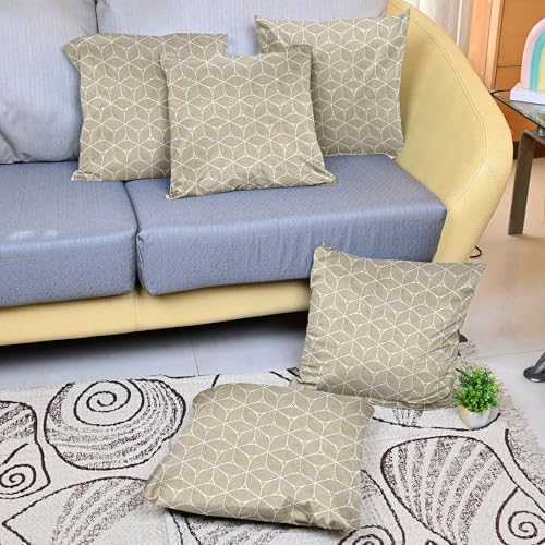 Image of Divine Casa Pluto Cushion Covers Set of 5 Beige | 16x16 Inch Jacquard Patchwork Design Cushion Covers | Decorative Throw Pillow Covers for Sofa & Couch