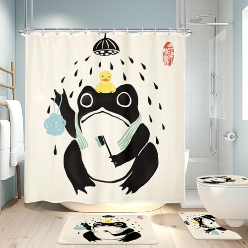 Funny Frog Asian Traditional Lid 4Pcs Bathroom Shower Curtain Set with Rugs