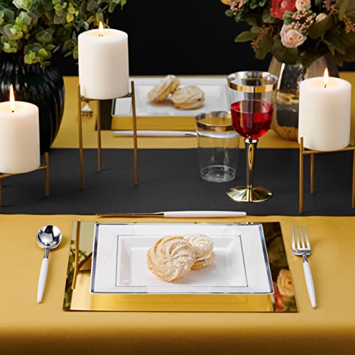 Bloomingoods Plastic Disposable Square Dinner Plates | 50-Pack 9.5 Inches White With Silver Rim Square Plates | Ideal For Weddings, Parties, & Catering | Heavy Duty & Non Toxic #TOP1